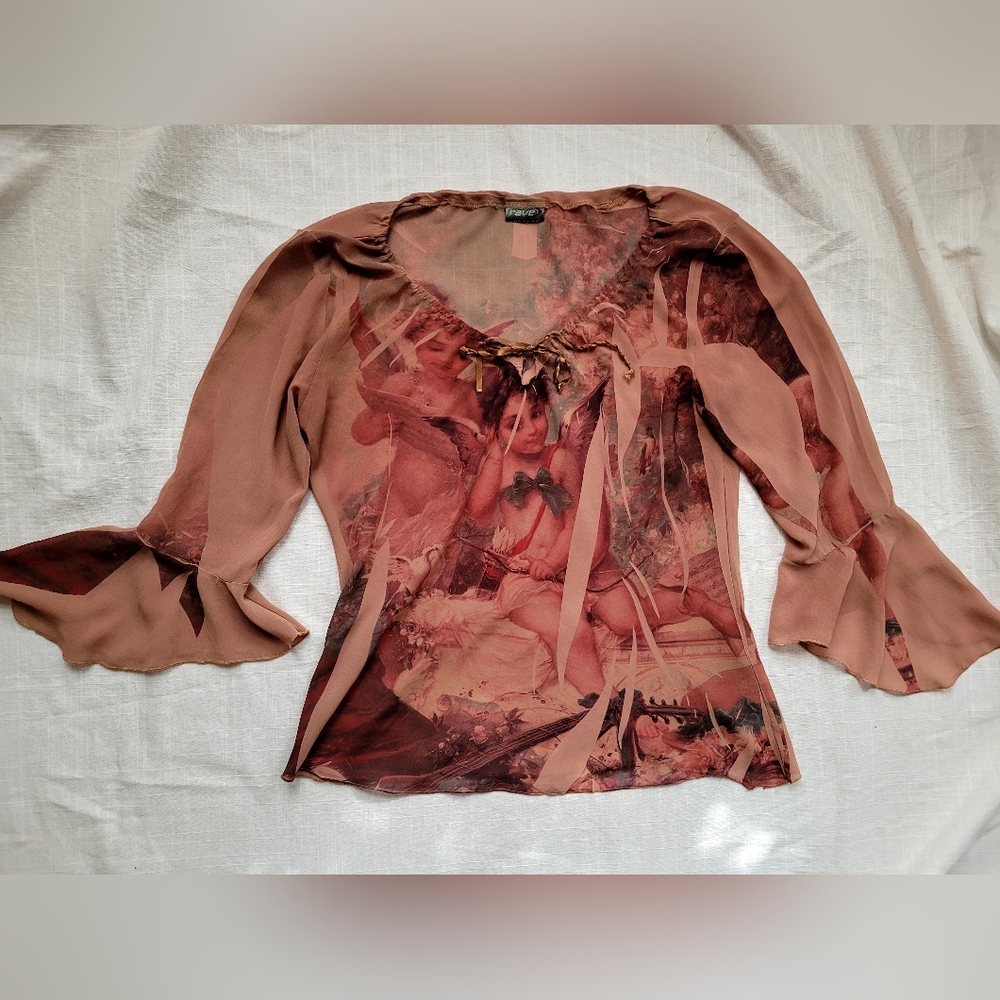Vintage bell sleeve chiffon mesh y2k blouse cherub angel baby print
